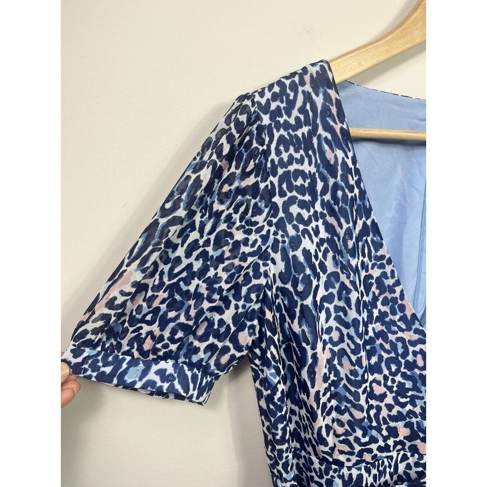 Eliza J Womens Dress Size 8 Blue Faux Neck Puff Sleeve Leopard Print - Picture 4 of 9